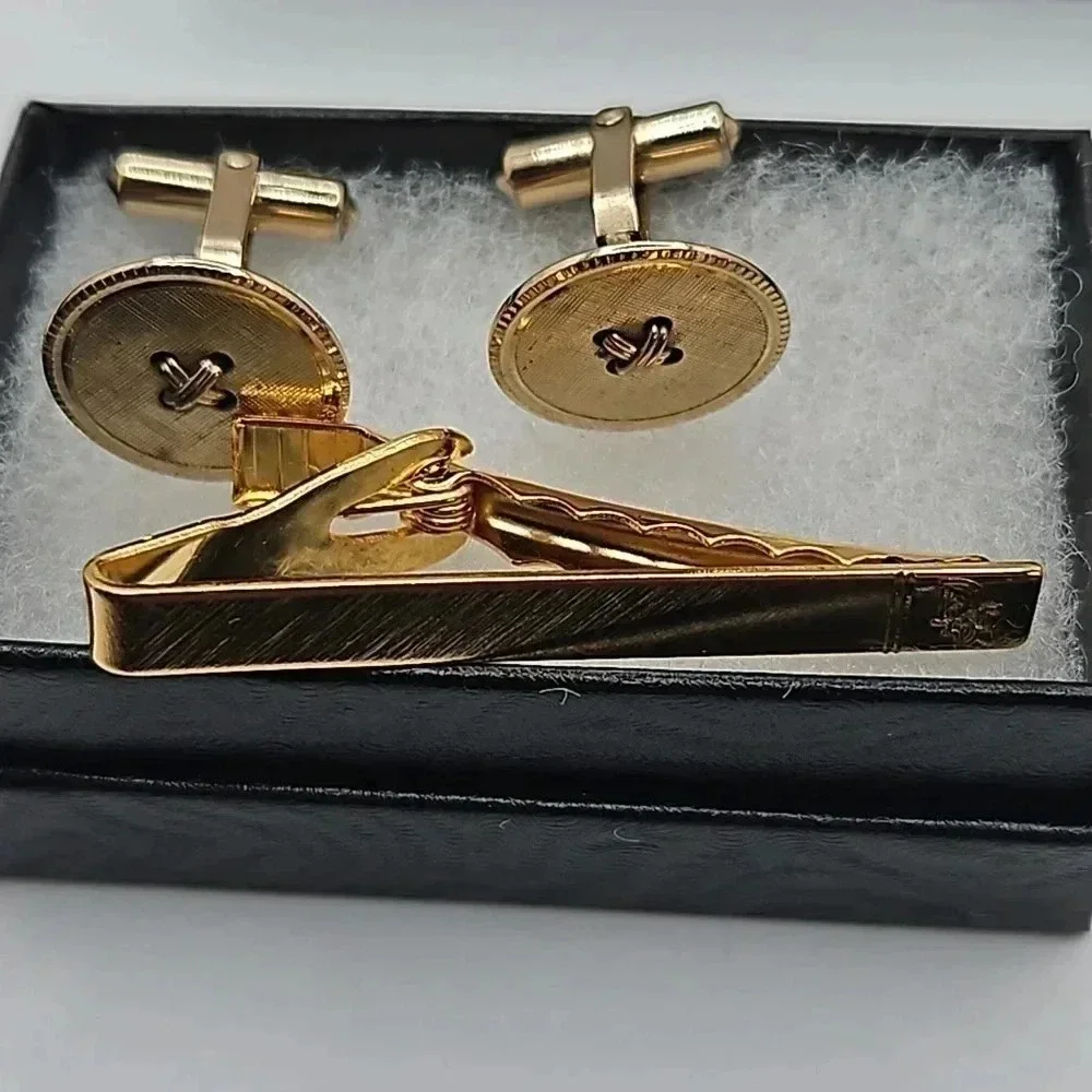 Christian Dior Gold Button Cufflinks and tie bar